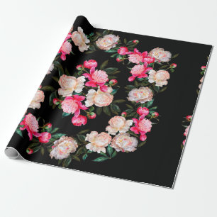 Floral background. Peonies pink and white on a dar Wrapping Paper