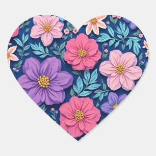 Floral background, pink and purple, heart sticker