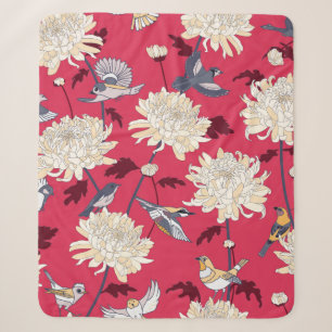 Floral background with birds and chrysanthemums vi sherpa blanket
