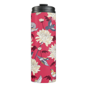 Floral background with birds and chrysanthemums vi thermal tumbler
