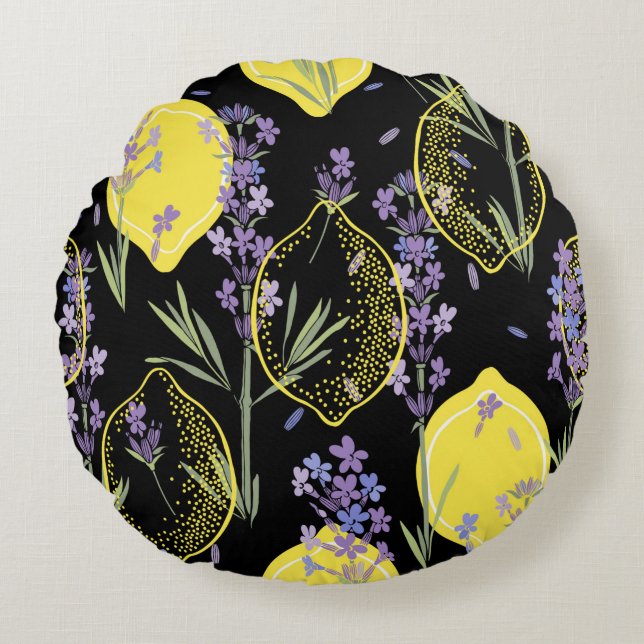 Floral background with hand-drawn lavender flowers round cushion (Front)