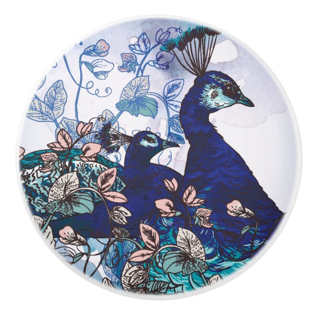 Floral Background with Peacocks Ceramic Knob (Front)