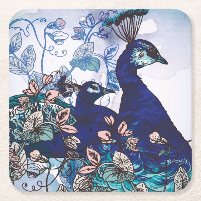 Floral Background with Peacocks Square Paper Coaster (Front)