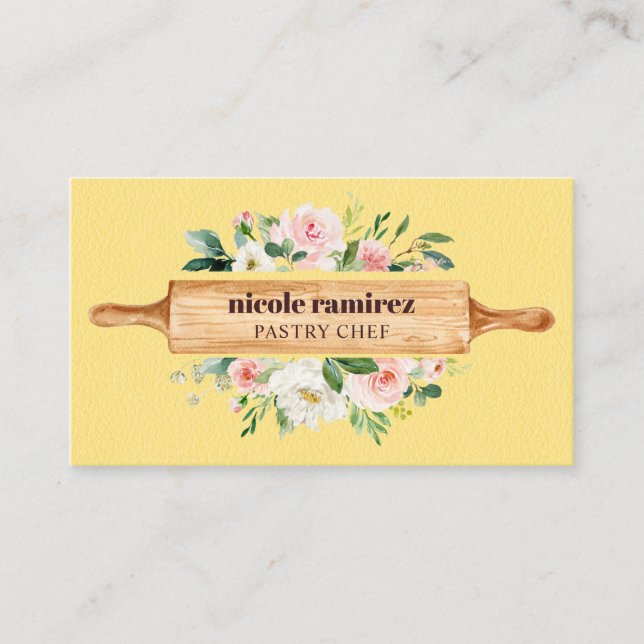Floral Bakery Rolling Pin Dessert Yellow Leather Business Card (Front)