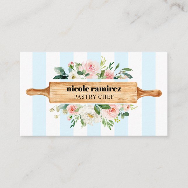 Floral Bakery Rolling Pin Patisserie social media Business Card (Front)