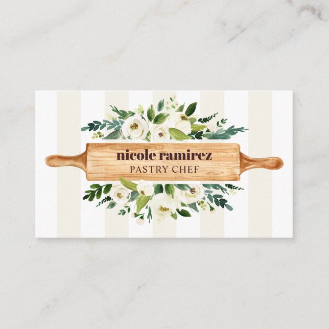 Floral Bakery Rolling Pin Patisserie striped beige Business Card (Front)