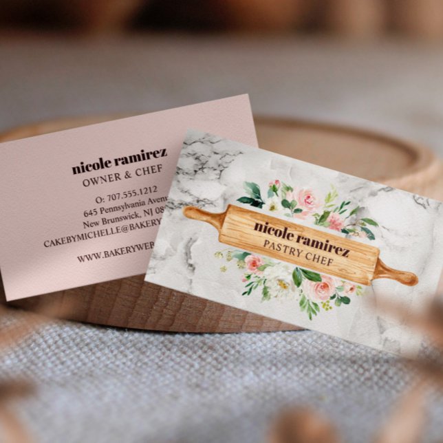 Floral Bakery Rolling Pin Patisserie white marble Business Card (Creator Uploaded)
