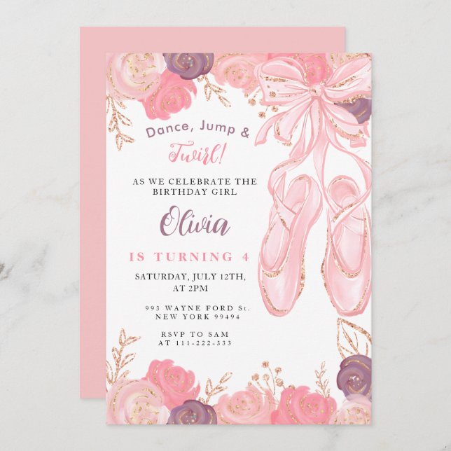 Floral Ballerina Ballet Slippers Girl Birthday Invitation (Front/Back)