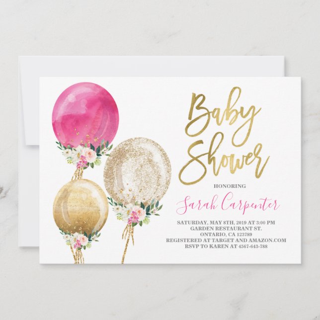 Floral balloon baby shower girl invitation (Front)