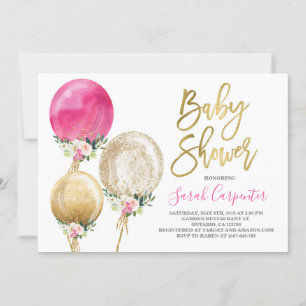 Floral balloon baby shower girl invitation