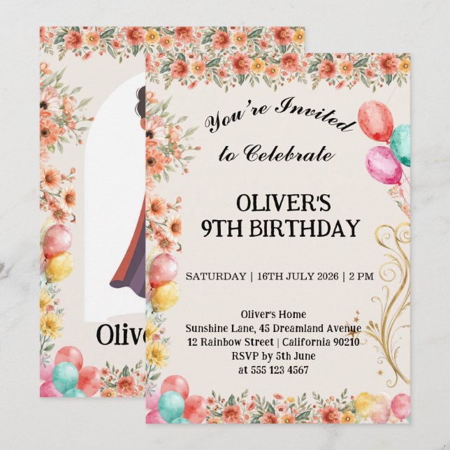 Floral Balloon Birthday  Invitation (Front/Back)