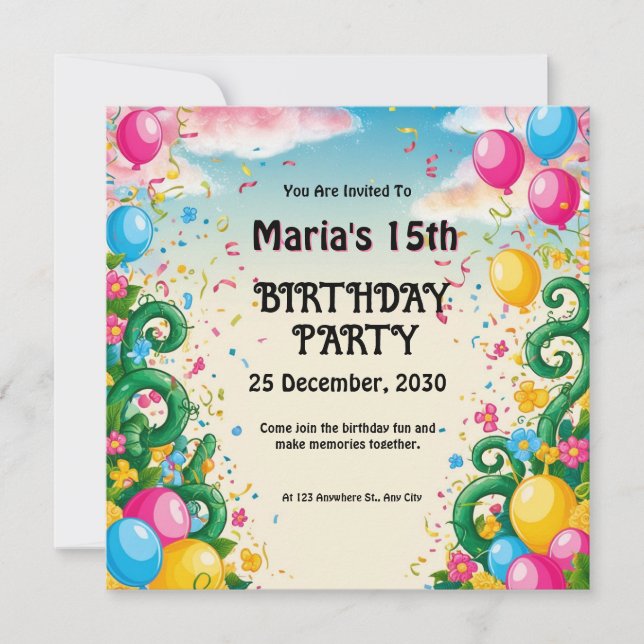 Floral Balloon Celebration for Birthday Invitation (Front)