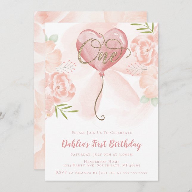 Floral Balloon First Birthday Invitation (Front/Back)