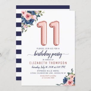 Floral Balloon Rose Gold Blush Navy 11th Birthday Invitation
