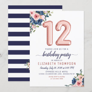 Floral Balloon Rose Gold Blush Navy 12th Birthday Invitation
