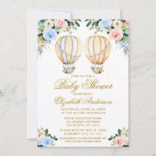 Floral Balloons Boy Girl Twins Baby Shower Invitation