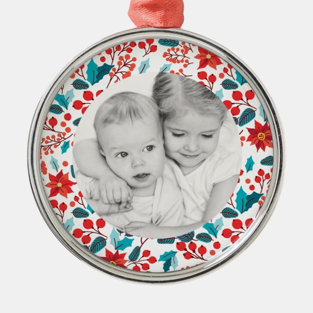 Floral Banner Holiday Photo Premium Round Ornament (Front)