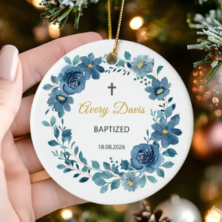 Floral Baptised Personalised Name and Date Ceramic Ornament