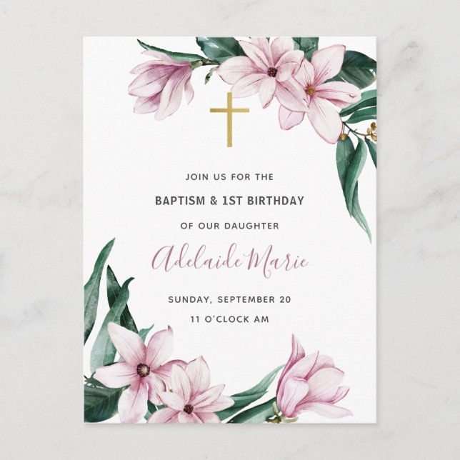 Floral Baptism and First Birthday Invitation Postcard (Front)