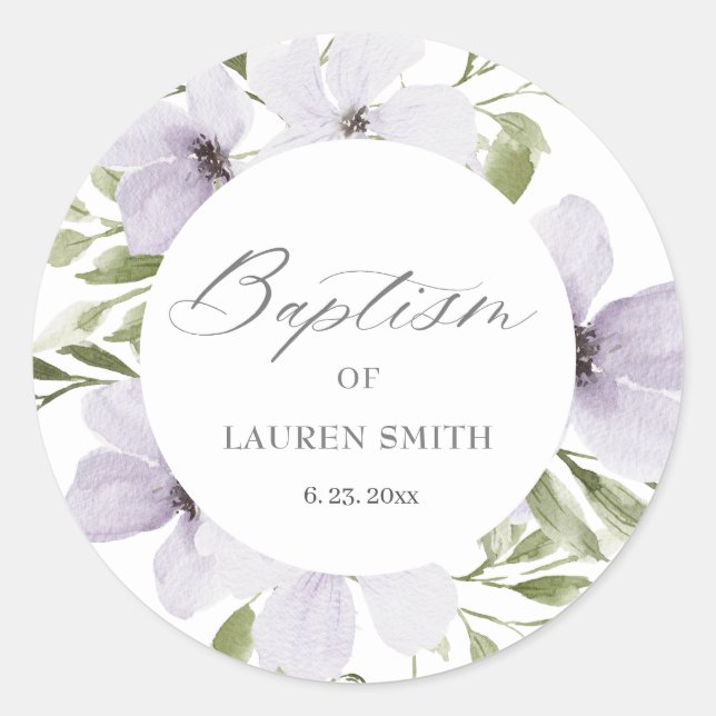 Floral Baptism Christening Elegant Purple  Classic Round Sticker (Front)