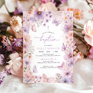 Floral Baptism Christening Purple Butterfly Girl Invitation