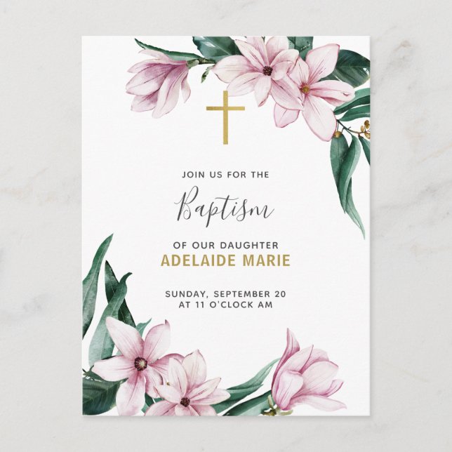 Floral Baptism Gold & Pink Magnolias Postcard (Front)