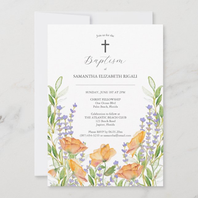 Floral Baptism Invitations Watercolor Wildflowers (Front)