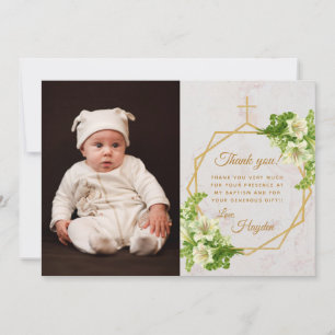 Floral Baptism White Lilies Marble Gold Cross Thank You Card