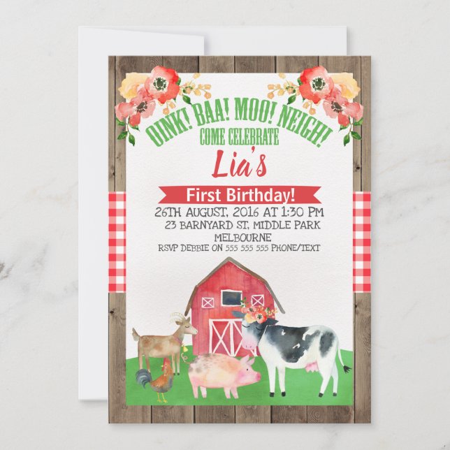 Floral barnyard farm birthday invitation (Front)