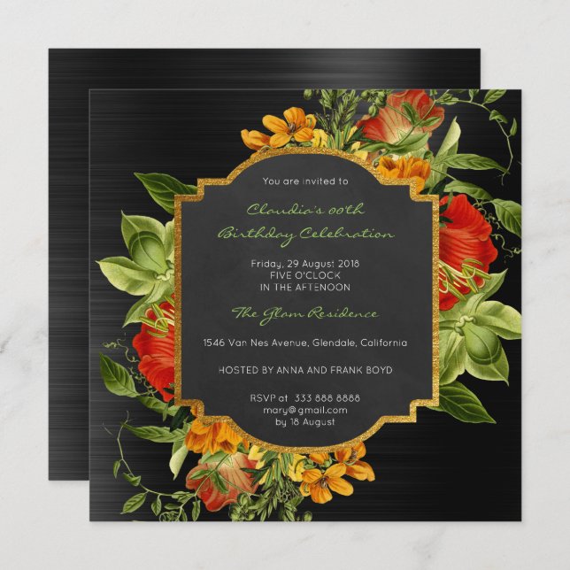 Floral Baroque Birthday Gold Frame Black Glam Red Invitation (Front/Back)