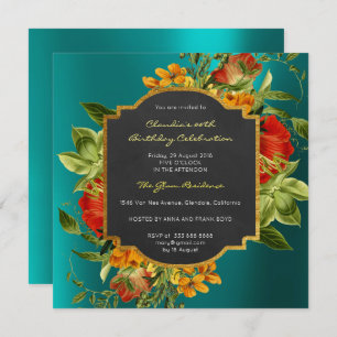 Floral Baroque Birthday Gold Frame Tropical Teal Invitation