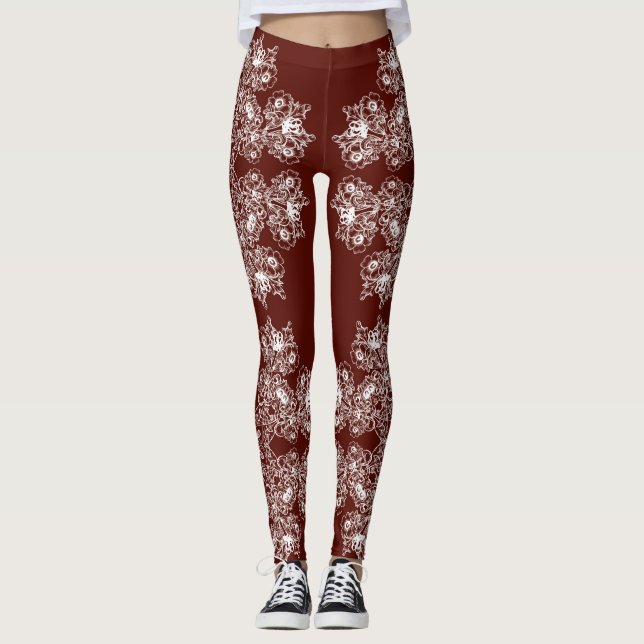 Floral baroque style maroon  pattern. leggings (Front)
