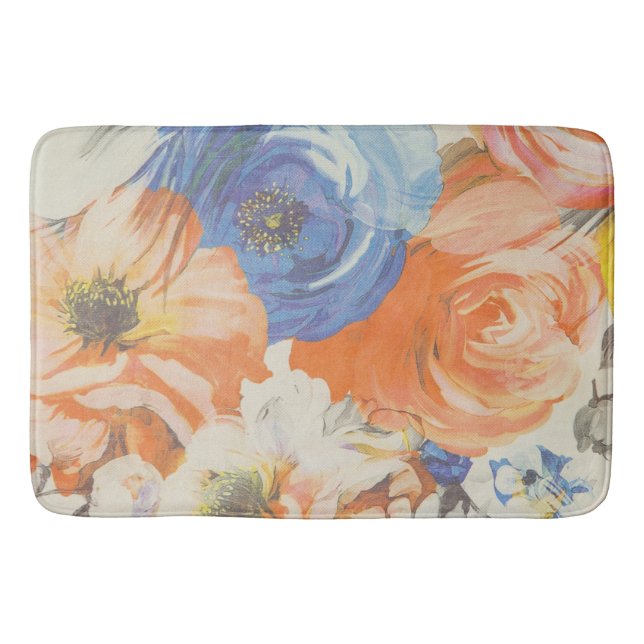Floral Bath Mat - Blue, Orange, Beige (Front)