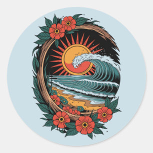Floral Beach Lover Sunset Vacation Gift Retro Classic Round Sticker