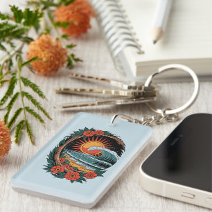 Floral Beach Lover Sunset Vacation Gift Retro Key Ring