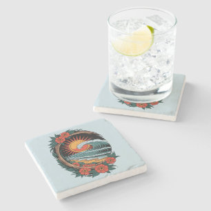 Floral Beach Lover Sunset Vacation Gift Retro Stone Coaster