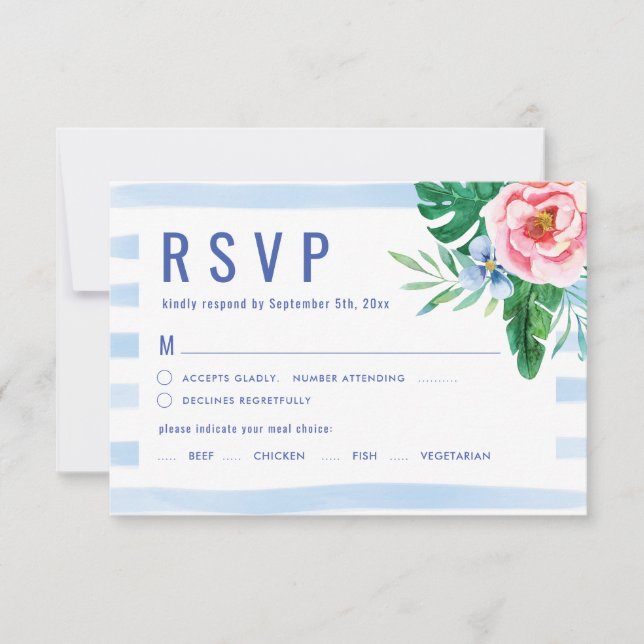 Floral Beach Tropical Luau Meal Choice Wedding RSVP Card (Front)