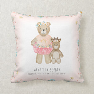 Floral Bear n Deer Baby Girl Birth Info Watercolor Cushion