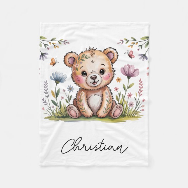 Floral Bear We Can Bearly Wait Baby Shower gift Fleece Blanket (Front)