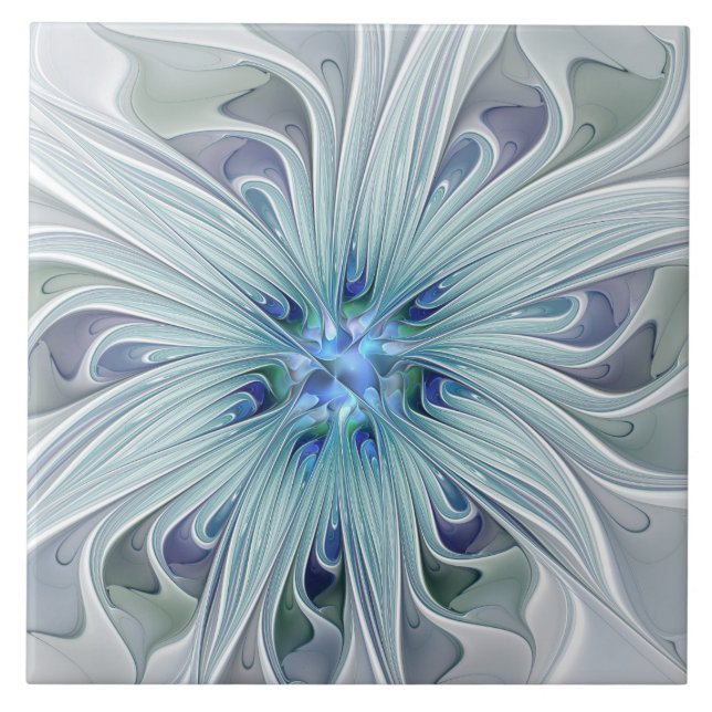 Floral Beauty Abstract Modern Blue Pastel Flower Ceramic Tile (Front)