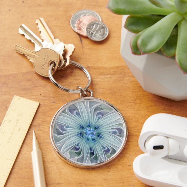 Floral Beauty Abstract Modern Blue Pastel Flower Key Ring (Desk)