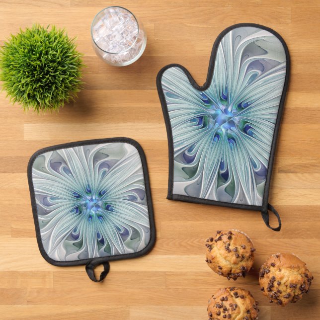 Floral Beauty Abstract Modern Blue Pastel Flower Oven Mitt & Pot Holder Set (Top Down)