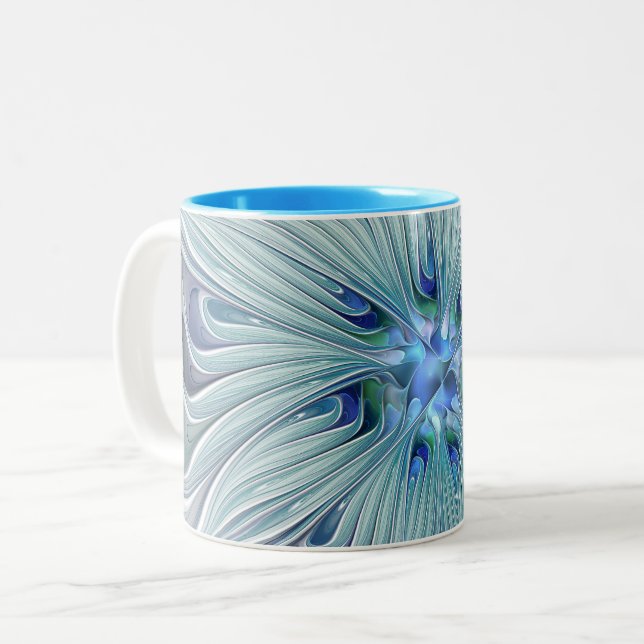 Floral Beauty Abstract Modern Blue Pastel Flower Two-Tone Coffee Mug (Front Left)