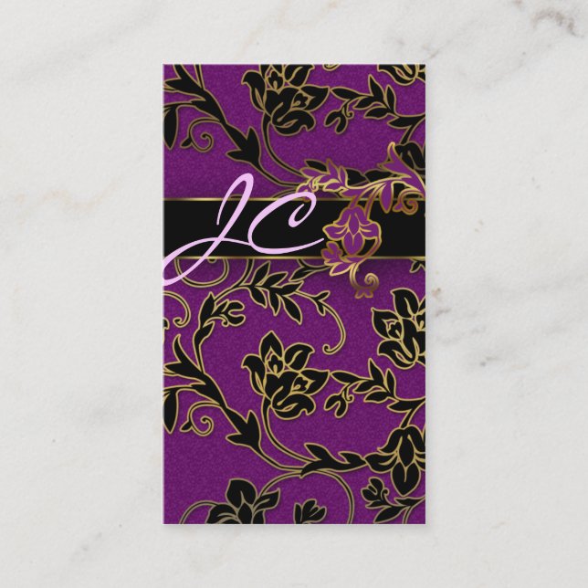 Floral Beauty Business Cards Purple Gold Trim (Front)