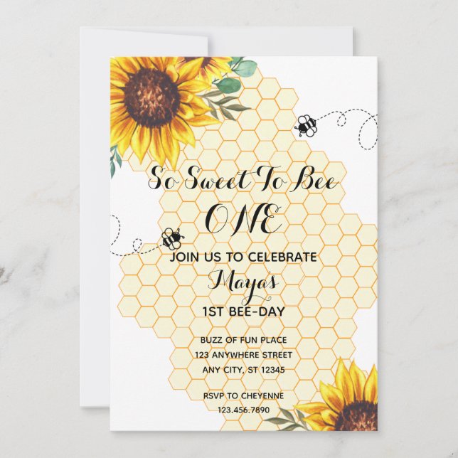 Floral Bee First Bee-day Birthday Invitation (Front)