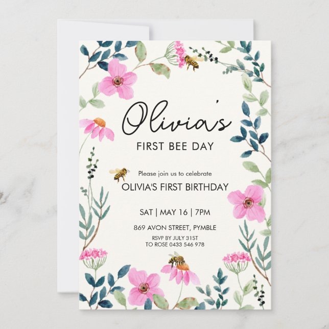 Floral Bee First Birthday Invitation (Front)