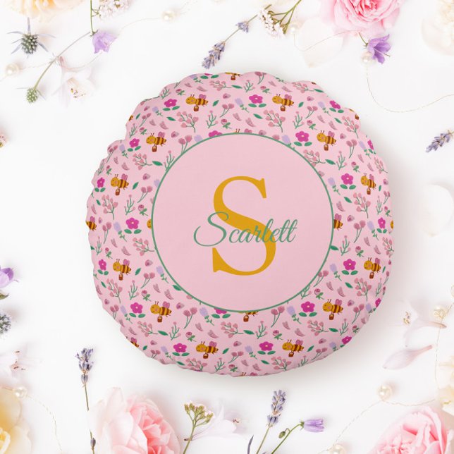 Floral Bee & Flowers pattern Monogram Name Round Cushion (Creator Uploaded)