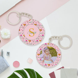 Floral Bee & Flowers Pattern Pink Monogram Key Ring