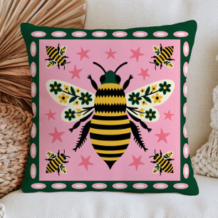 Floral Bee Illustration Eclectic Cottagecore Cushion