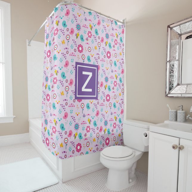 Floral Bee Pattern Purple Monogram Kids Shower Curtain (In Situ)